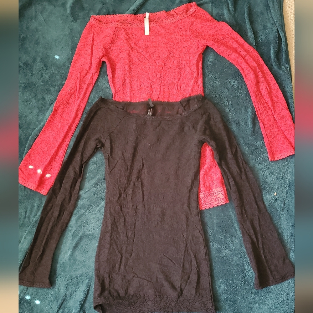 Red and Black Lace Long Sleeve Lingerie Dresses